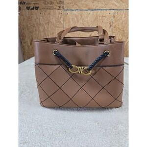 Grossi Tan Brown Quilted Pebbled Faux Leather Tote Bag Gold Hardware Handbag